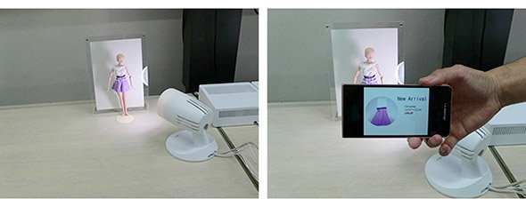 マネキンに照射した照明から商品関連情報をスマートフォンで入手
