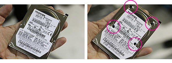 破壊前（左）と破壊後のHDD