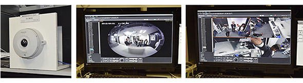 図4 全方位カメラの一例と、その映像、ゆがみ補正後の映像