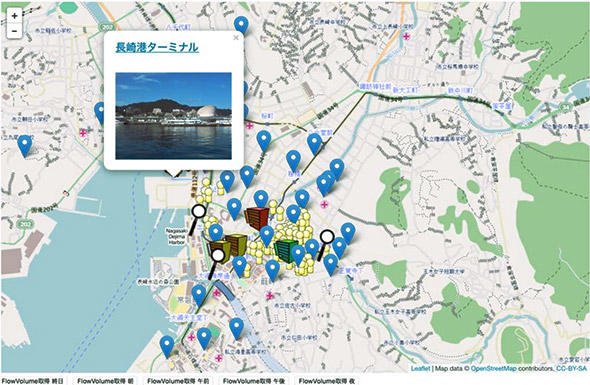長崎市内の観光客の動態に宿泊情報、ローカル情報をオーバーレイした例