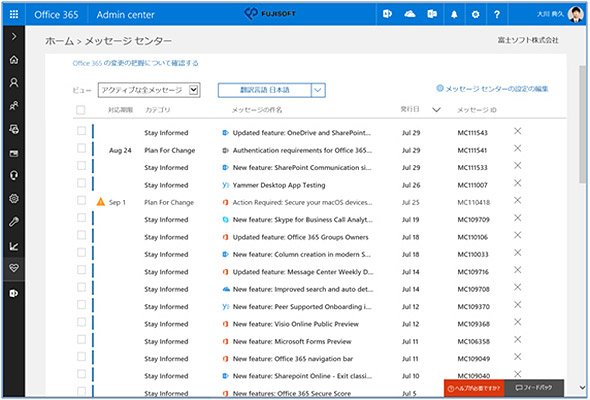 Office 365管理センター：メッセージセンター