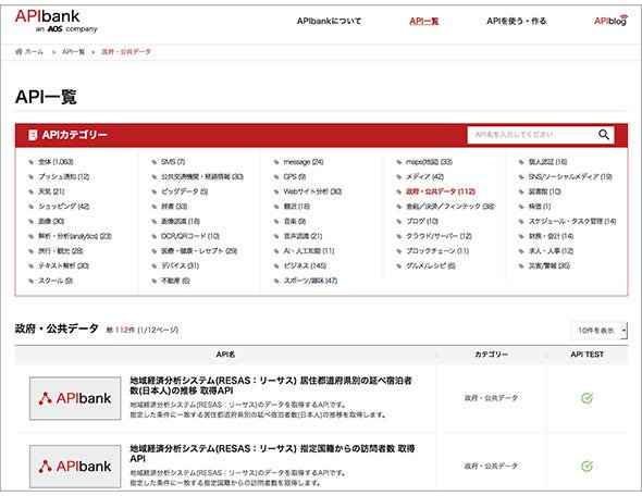 APIbankのAPI一覧画面（APIのカテゴリー分類がある）