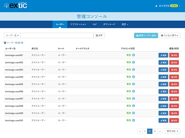 図：「extic」のユーザー管理画面。各ユーザーのロールも一覧表で簡単に管理可能（資料提供：エクスジェン・ネットワークス）