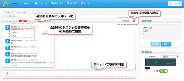 COTOHA Meeting Assistのミーティング画面