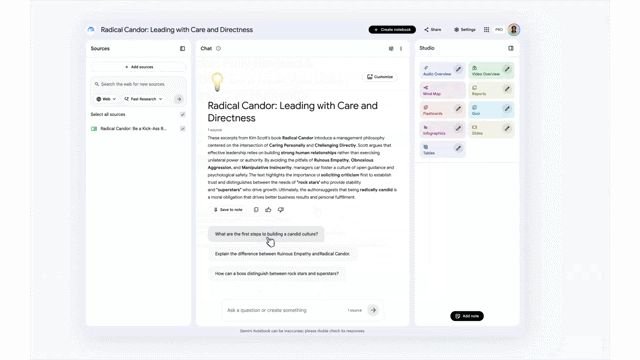 購入した電子書籍を資料に追加したGemini Notebookの画面。書籍の内容に基づく概要や質問例が表示される（出典：Google）
