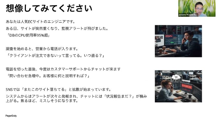 ECサイトの障害をきっかけに、運用担当者へアラートや問い合わせが集中する状況（講演動画から抜粋）
